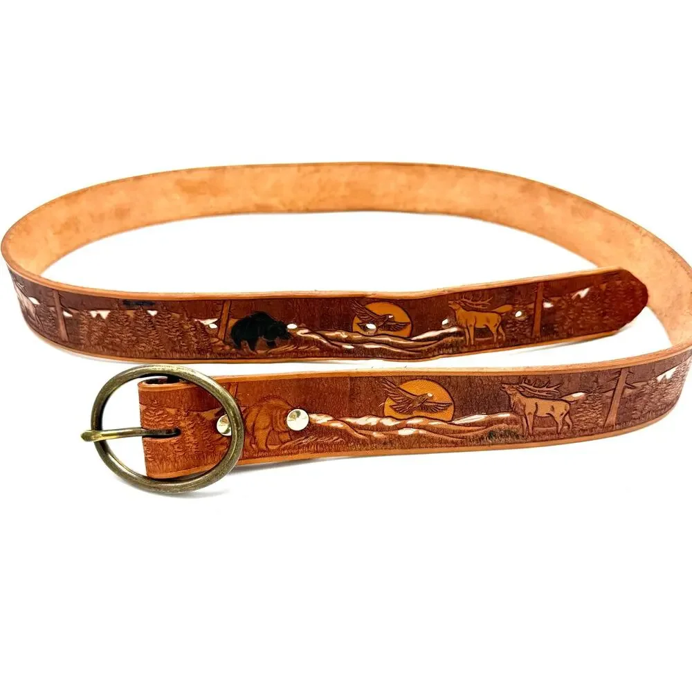 Tooled Leather Western Belt 42 Elk Bear Eagle Wildlife Nature Scene Oval Buckle